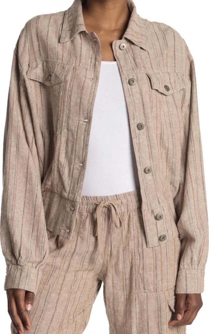 SUPPLIES Unionbay Linen Blend Striped Utility Jacket Tan Cropped Shacket Large